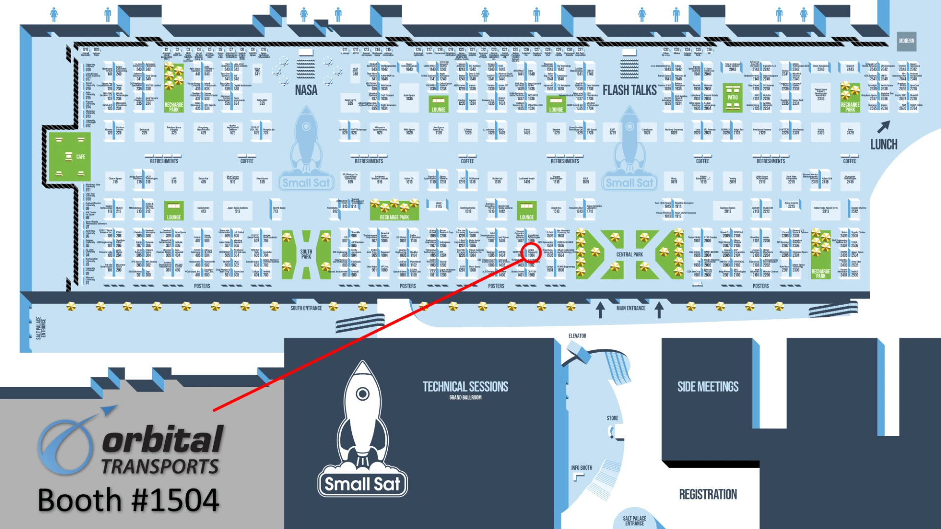 Orbital Transports booth location map for SmallSat 2026 at the Salt Palace Convention Center, Booth 1504