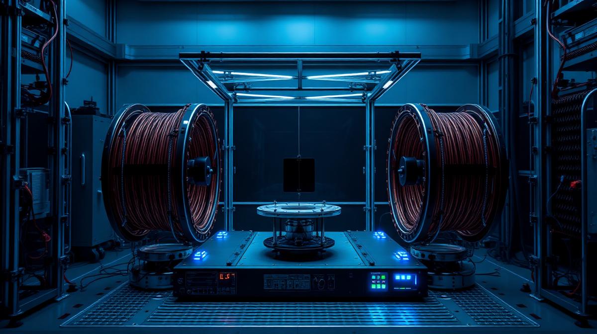 Helmholtz cage ADCS testbed with tri-axial coils surrounding a small satellite on an air-bearing platform