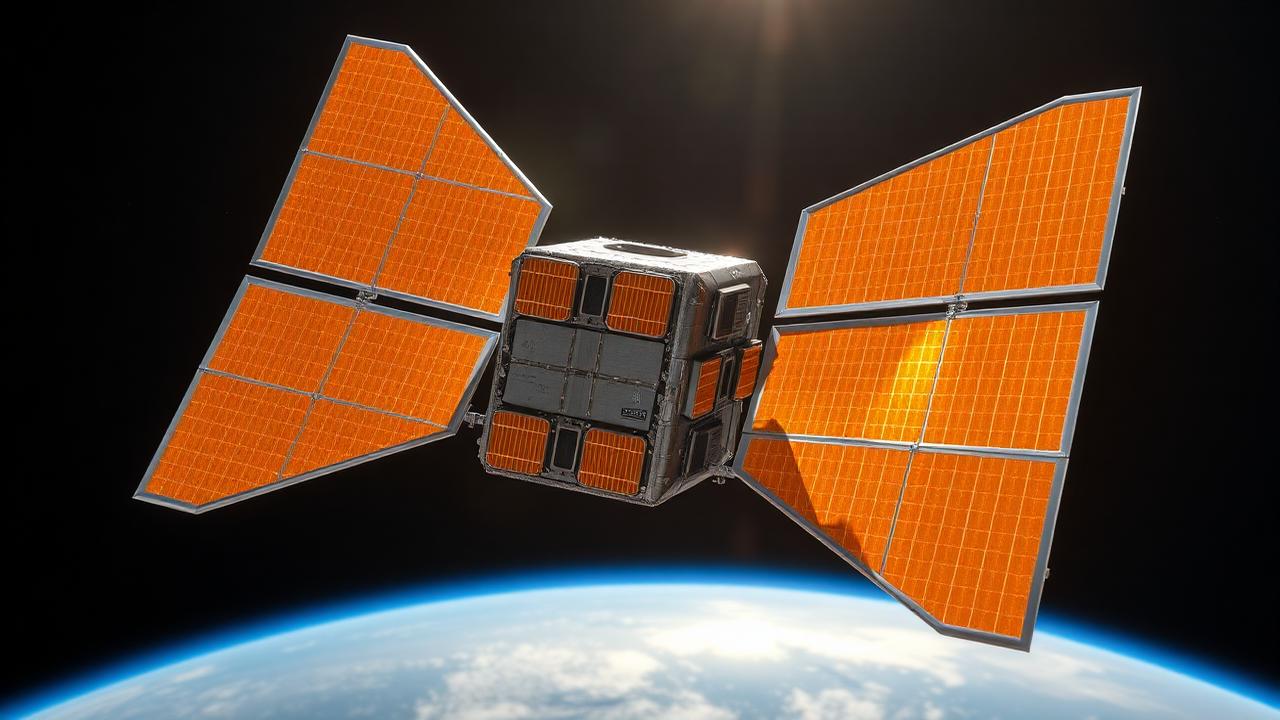 CubeSat with deployed origami-style solar panels in low Earth orbit