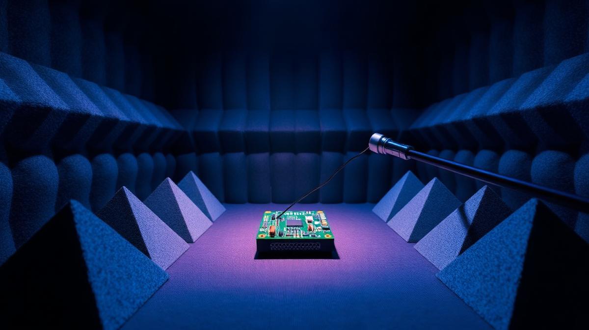 PCB circuit board undergoing EMI testing inside an anechoic chamber with RF absorbing foam pyramids