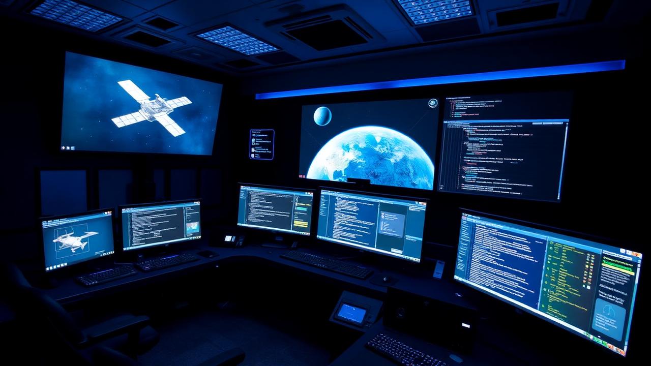 Satellite flight software displayed on multiple monitors in a spacecraft control room