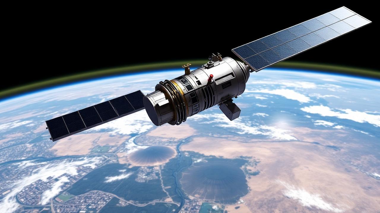 Microsatellite with high-resolution Earth observation imager in orbit above terrain