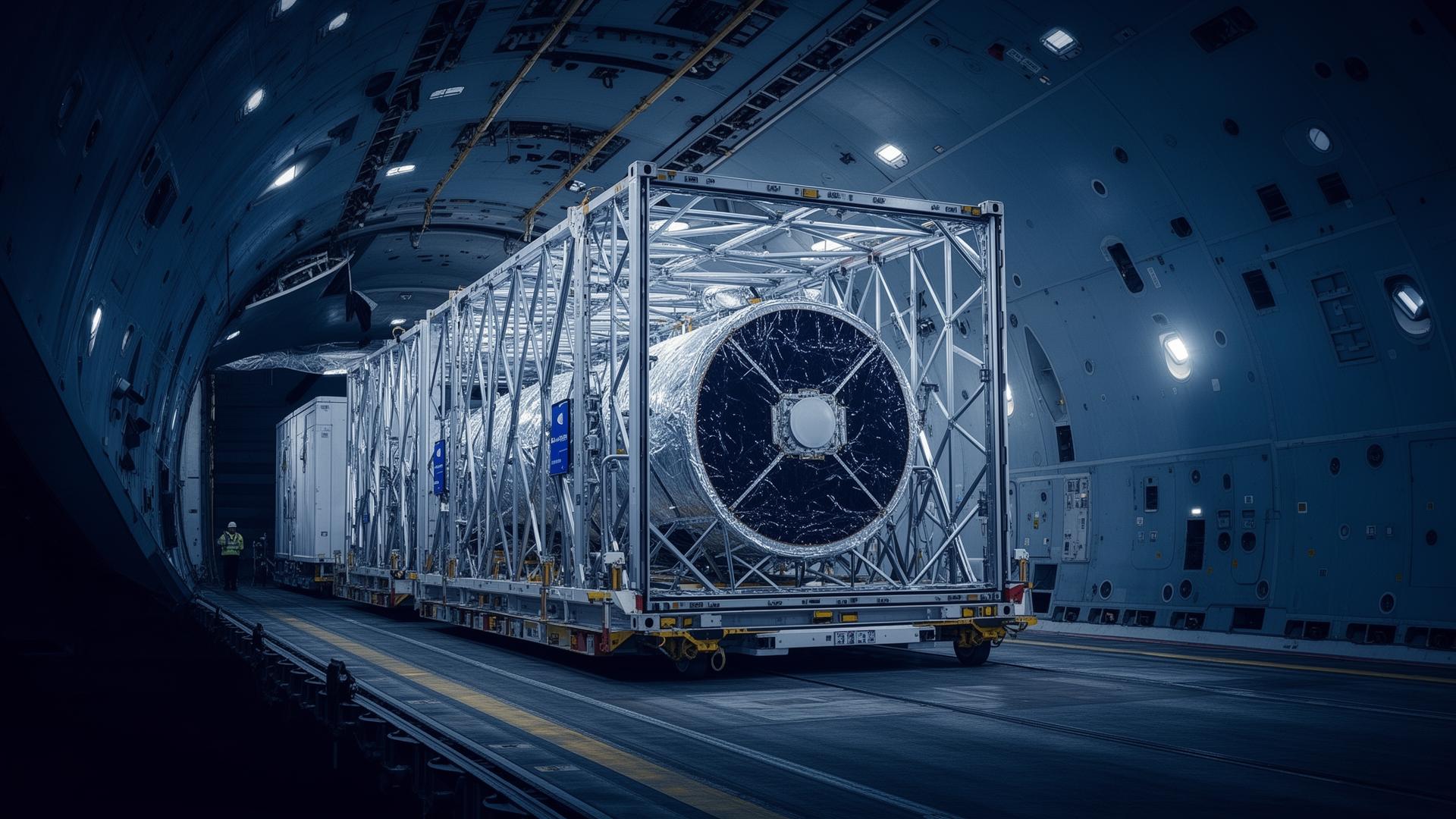 Satellite hardware being transported in a specialized container inside a cargo aircraft